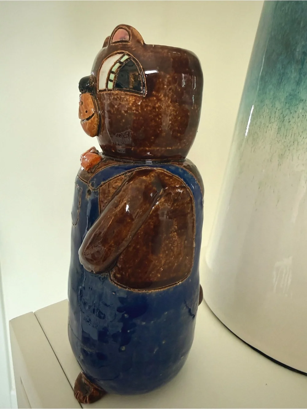 Handmade Pottery Bear Vase Folk Art Blue Overalls Rustic Cabin Decor
